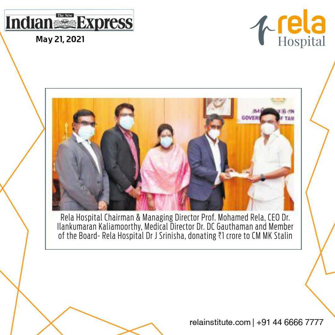 Rela Hospital Donates Rs. 1 Crore For COVID Relief Work To The Chief Minister's Public Relief Fund