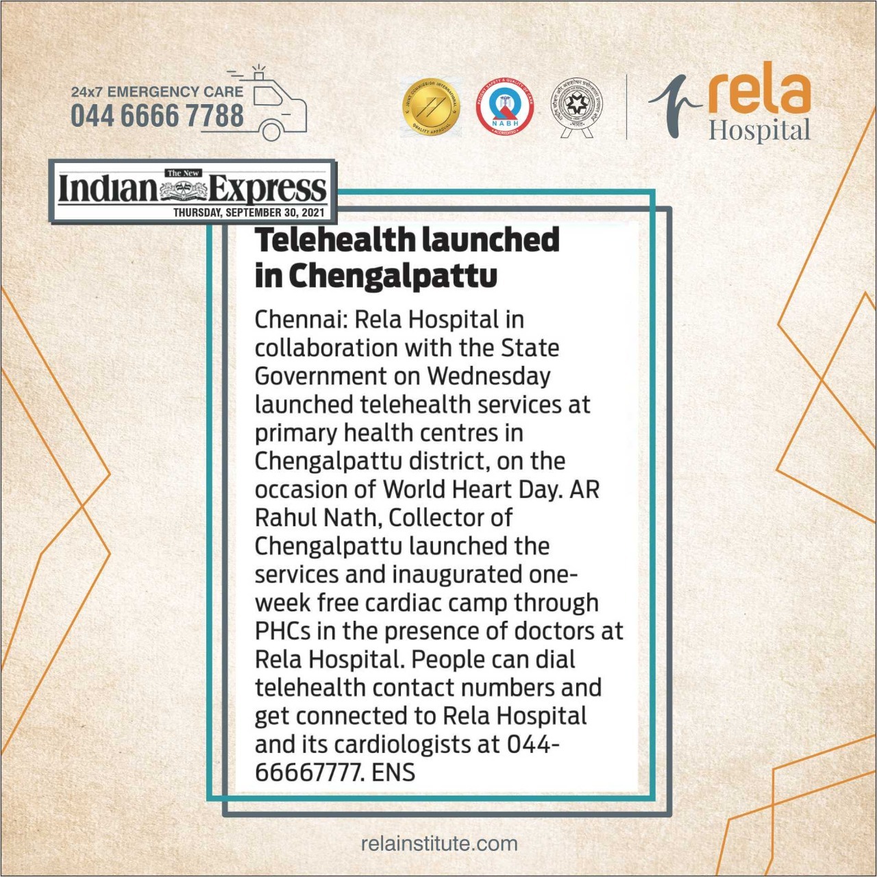 Rela Hospital Launched Free Telehealth Services To Primary Health Centres In Chengalpattu District