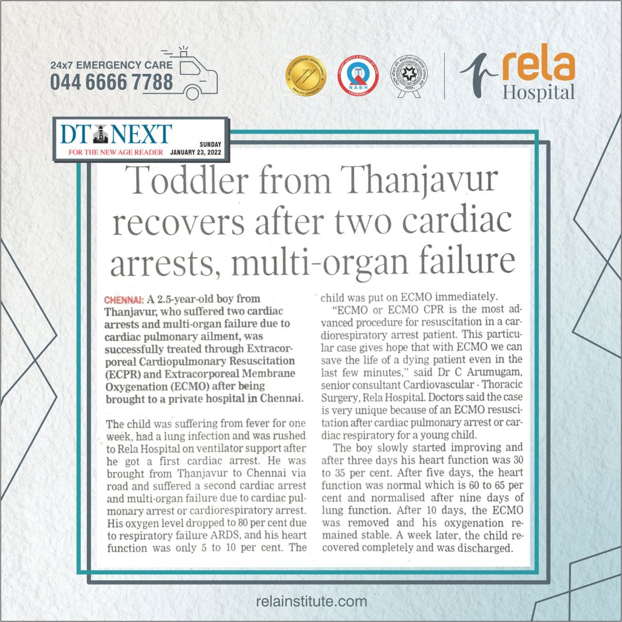 Rela Hospital Saves The Life Of A Two-And-A-Half-Year-Old Child By Successfully Performing A Rare ECMO CPR Procedure