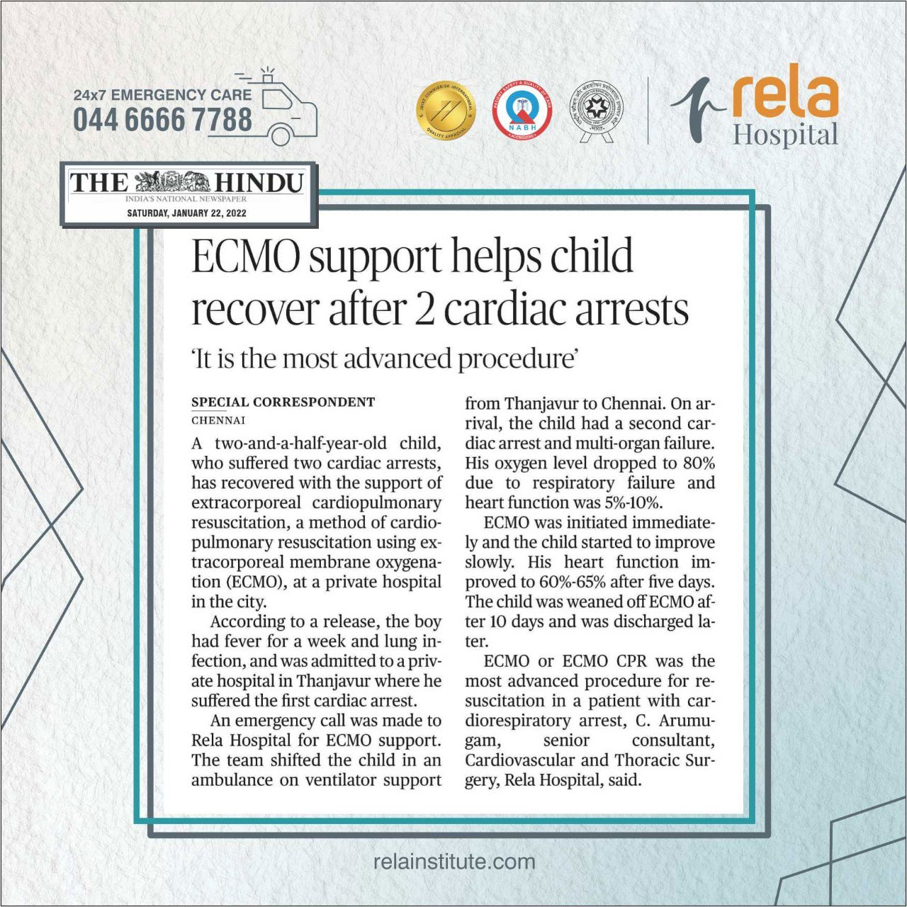 Rela Hospital Saves The Life Of A Two-And-A-Half-Year-Old Child By Successfully Performing A Rare ECMO CPR Procedure