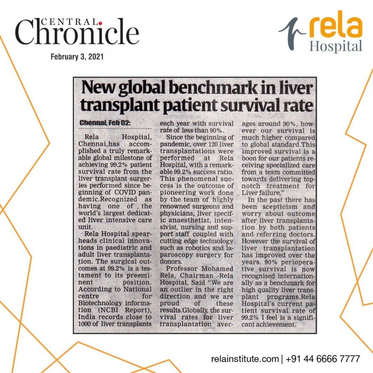 Rela Hospital Sets New Global Benchmark In Liver Transplant Patient Survival Rate