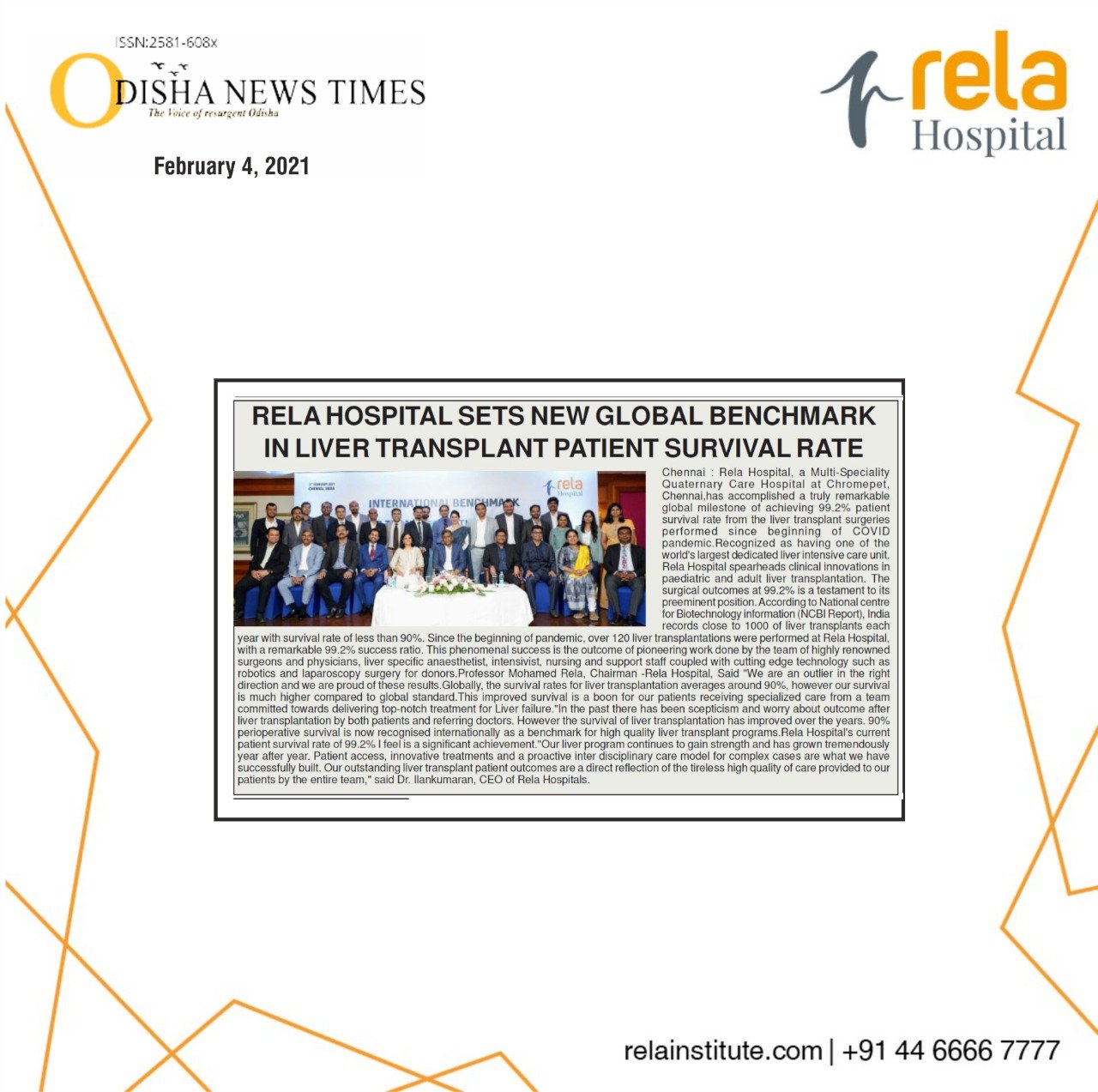 Rela Hospital Sets New Global Benchmark In Liver Transplant Patient Survival Rate