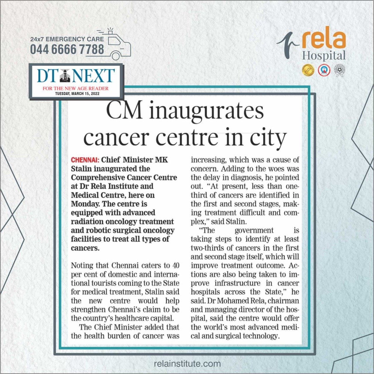 Tamil Nadu Chief Minister M.K. Stalin Inaugurates India’s Most Comprehensive Cancer Centre At Dr. Rela Hospital Tamil Nadu Chief Minister M.K. Stalin Inaugurates India’s Most Comprehensive Cancer Centre At Dr. Rela Hospital