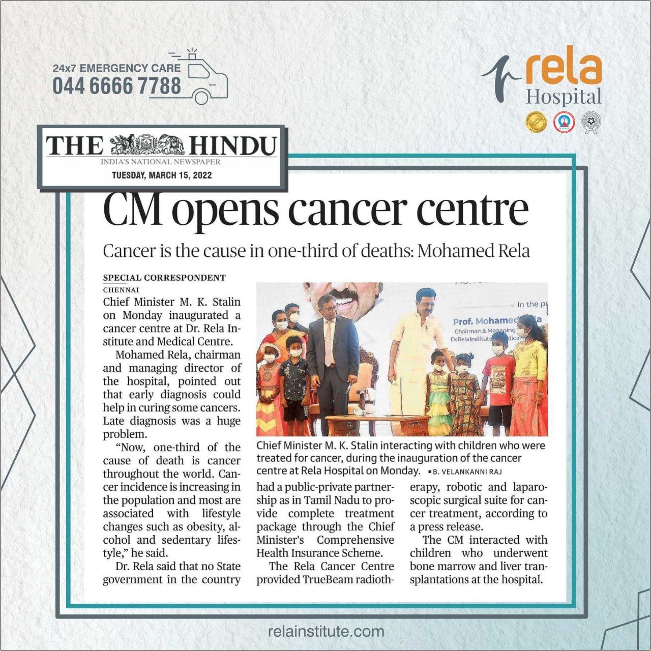 Tamil Nadu Chief Minister M.K. Stalin Inaugurates India’s Most Comprehensive Cancer Centre At Dr. Rela Hospital Tamil Nadu Chief Minister M.K. Stalin Inaugurates India’s Most Comprehensive Cancer Centre At Dr. Rela Hospital