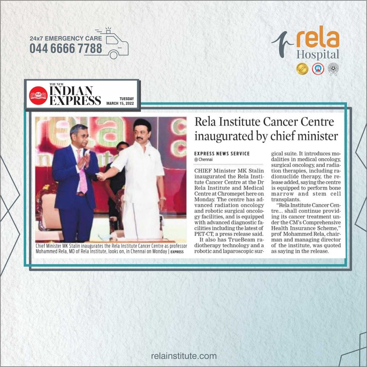 Tamil Nadu Chief Minister M.K. Stalin Inaugurates India’s Most Comprehensive Cancer Centre At Dr. Rela Hospital