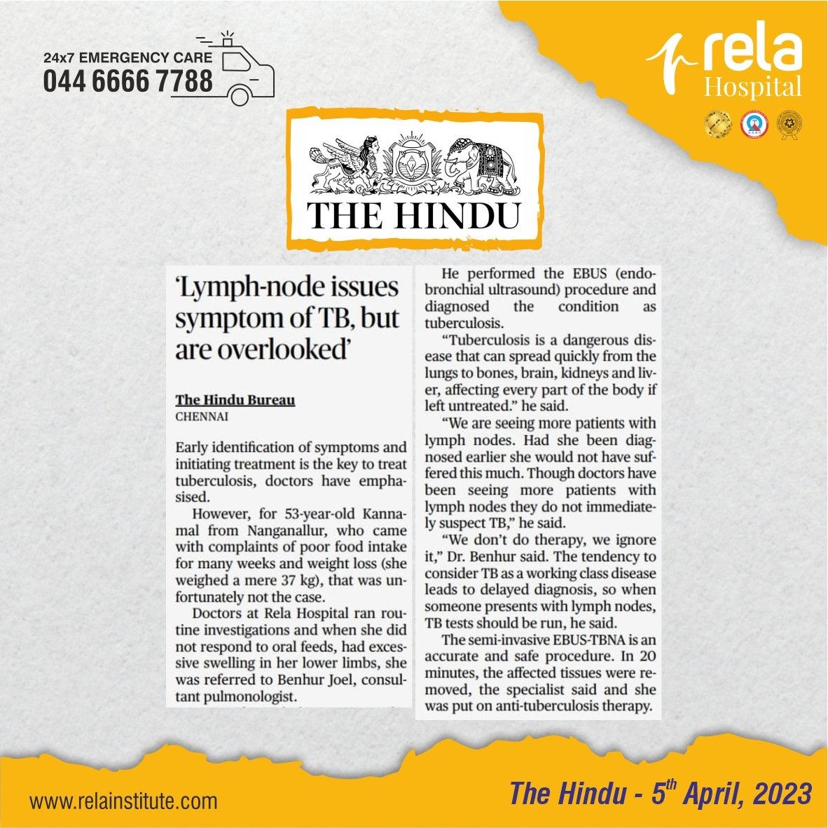 Rela Hospital Doctors treat a 53-year-old woman diagnosed with severe Lung Tuberculosis