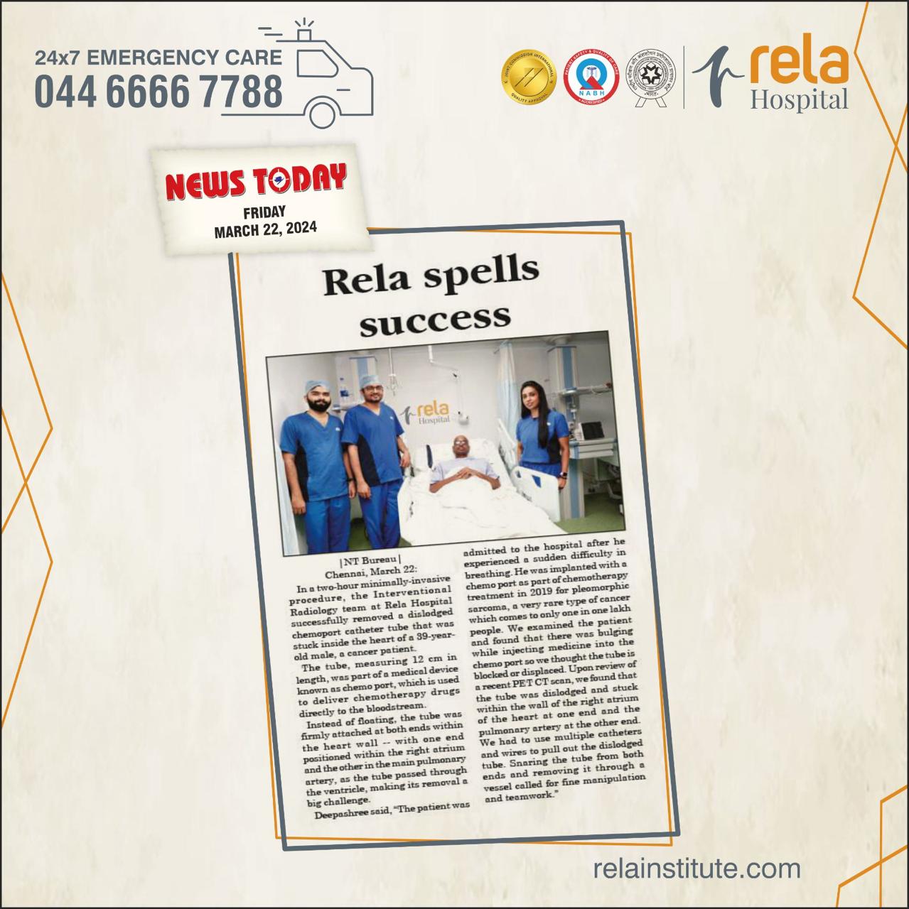 Interventional Radiologists at Rela Hospital Remove Dislodged Medical Catheter Stuck Inside the Heart of Cancer Patient Interventional Radiologists at Rela Hospital Remove Dislodged Medical Catheter Stuck Inside the Heart of Cancer Patient