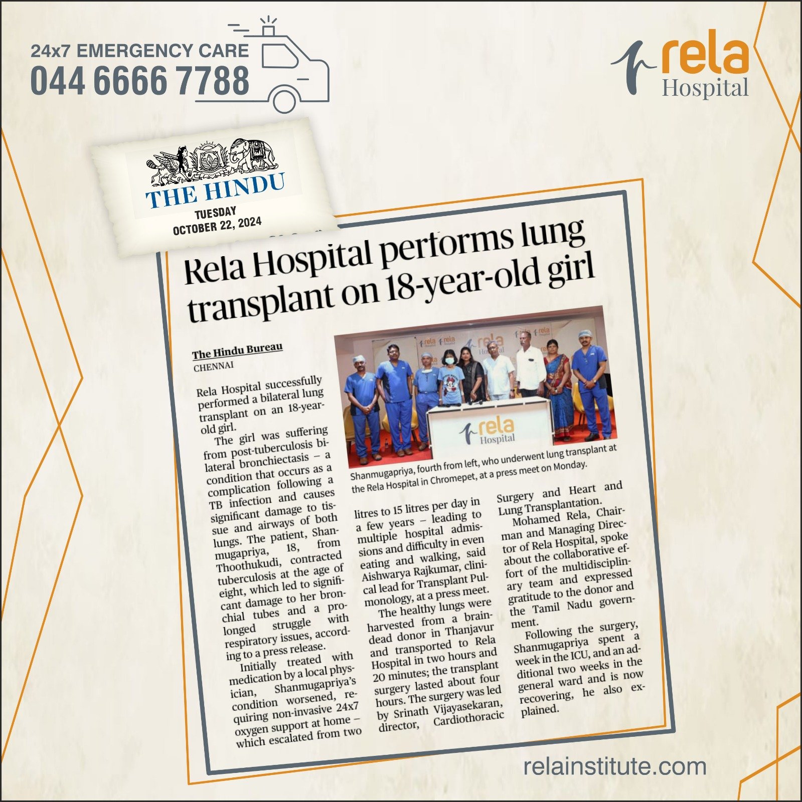 Rela Hospital Performs Bilateral Lung Transplant Gives New Lease of Life to 18-Year Old Girl, Ending Her Ordeal with Oxygen Dependency Rela Hospital Performs Bilateral Lung Transplant Gives New Lease of Life to 18-Year Old Girl, Ending Her Ordeal with Oxygen Dependency